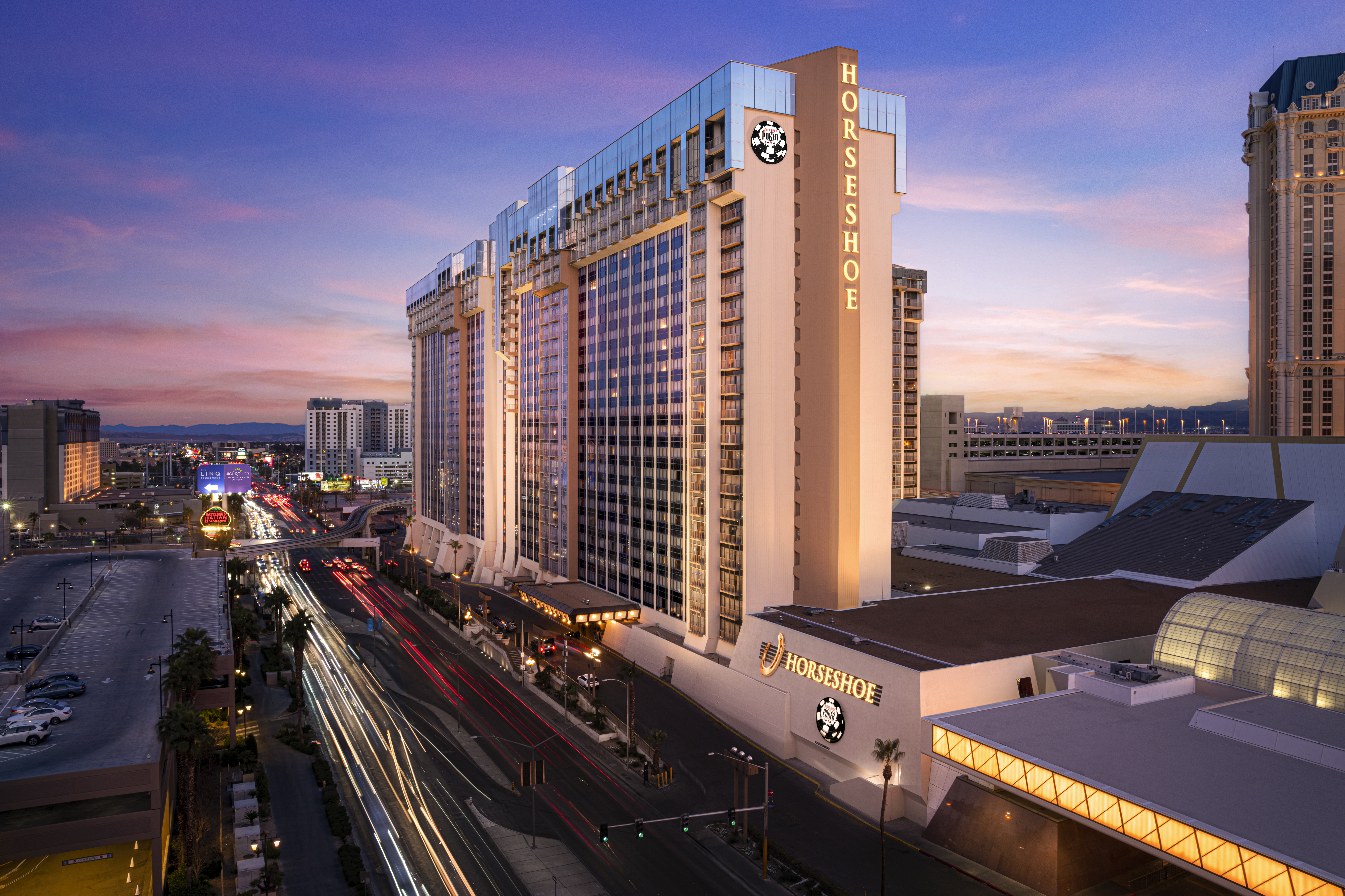 Horseshoe Las Vegas hotel exterior at sunset