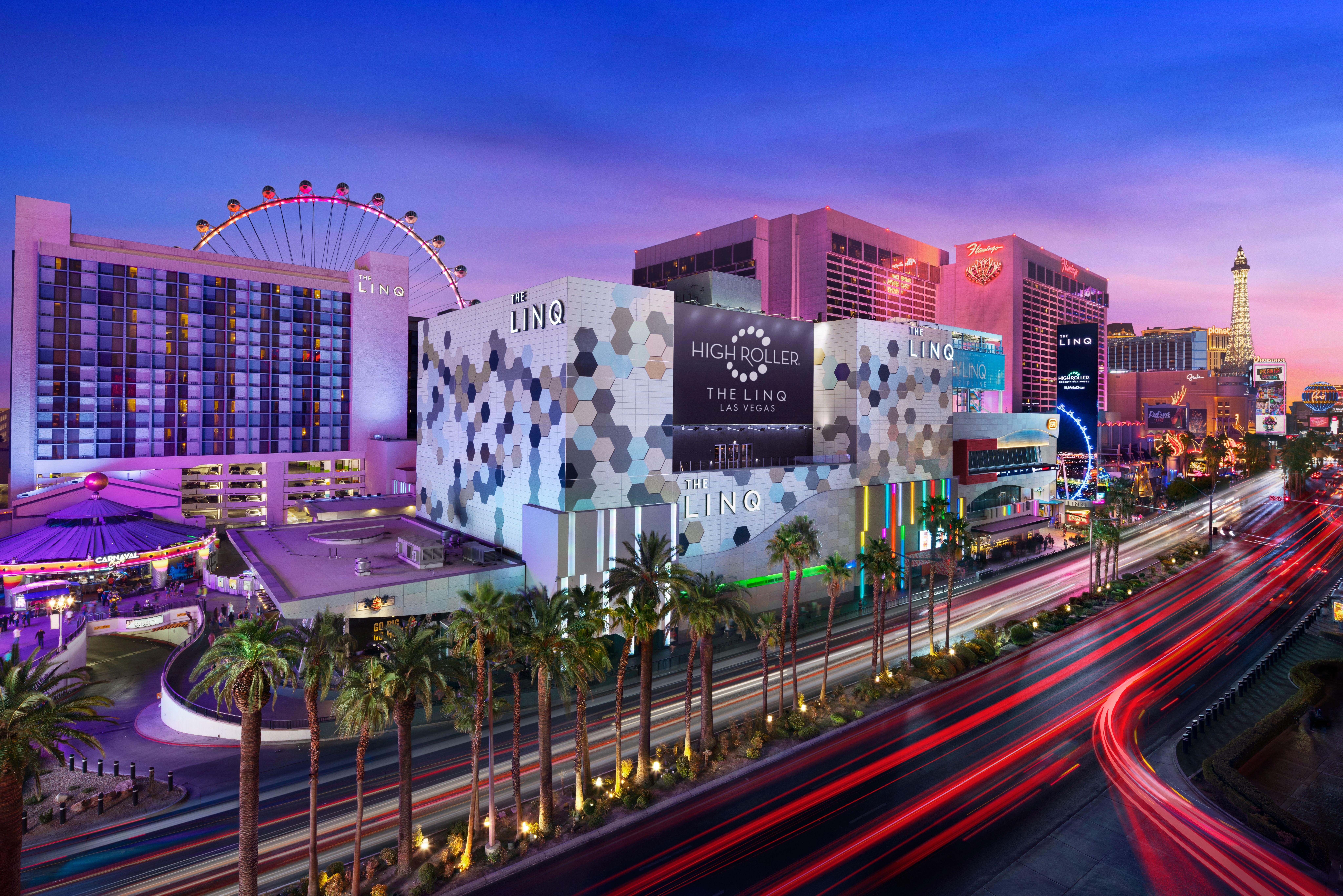 The LINQ Hotel and High Roller exterior at dusk