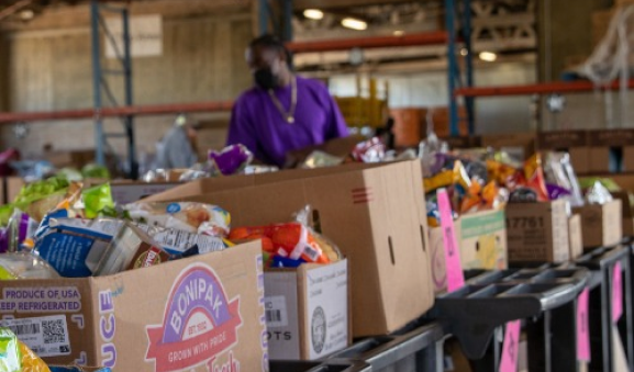 A person near boxes of food at food drive