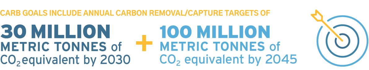 Carb goals include annual carbon removal/capture targets of 30 million metric tonnes of CO2 equivalent by 2030 plus 100 million metric tonnes of CO2 equivalent by 2045