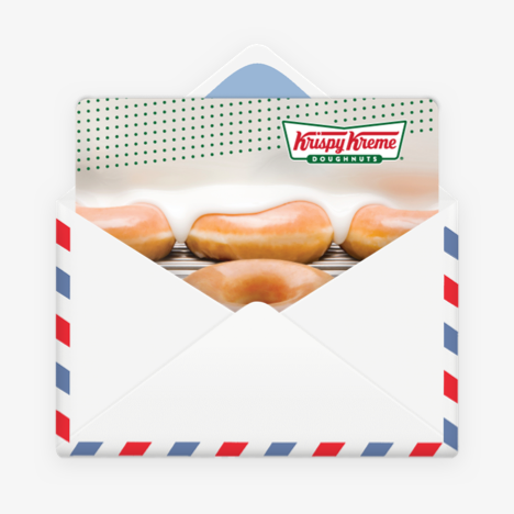 Krispy Kreme gift card with donut image, in an envelope