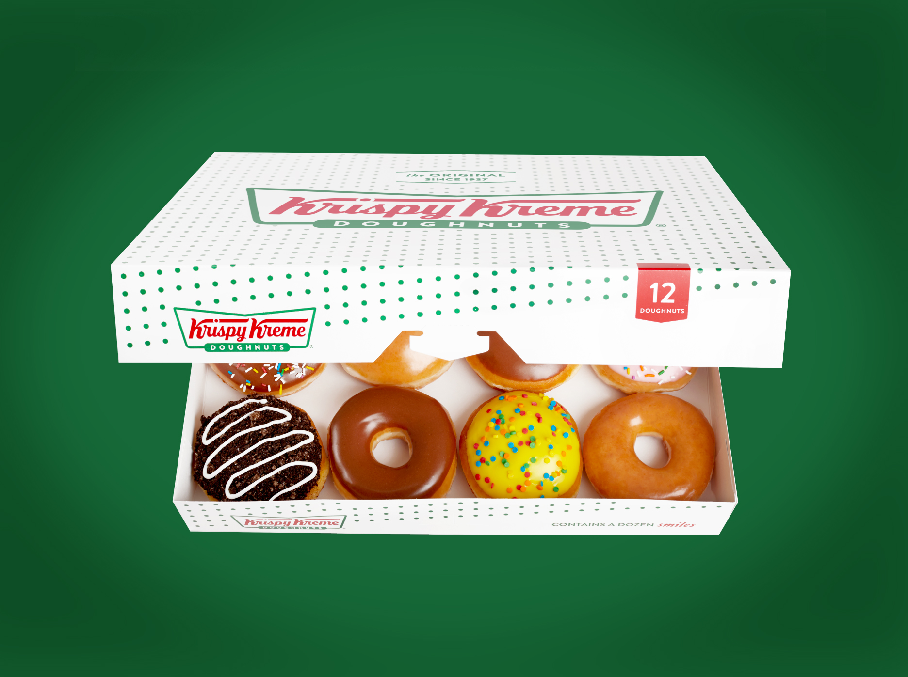 Krispy Kreme logo and donut in foreground