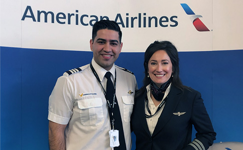 Cadet Erik Mejia with his mentor, American Airlines First Officer Alissa Wise